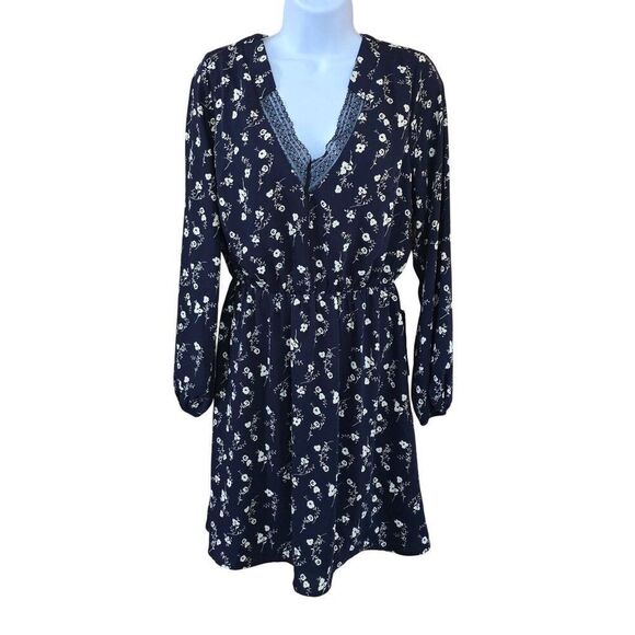Floral Print Dress Lace Trim V-Neck Long Sleeve Navy & White fairycore flowers - Picture 1 of 8